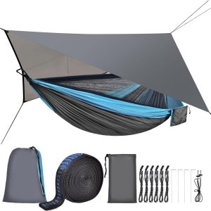 Camping Hammock with Mosquito Net Rain Fly Heavy Duty Tree Strap Nylon Parachute Single Double Hammock Tent Waterproof Rainfly Set for Camping Backpacking Backyard Patio Hiking Travel Outdoor