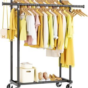Double Rods Clothes Rack, Rolling Clothing Rack for Hanging Clothes Portable Wardrobe Rack, Metal Garment Rack Sturdy Coat Rack for Bedroom Laundry Living Room, Black