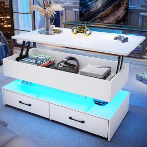 SEDETA 40" Lift Top Coffee Table, Coffee Tables with Storage for Living Room, Small Coffee Table with 2 Drawers & LED Light for Dining Reception Room, White