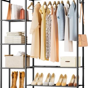 Wardrobe Closet, Portable Clothing Rack for Hanging Clothes, Free Standing Closet Organizers and Storage System with 4 Tiers Shelves for Cloakroom Bedroom, Black