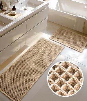Large Waffle Bath Mat Set, Non Slip Bath Rug Set, Ultra Absorbent Bath Mats for Bathroom Decor, Extra Soft Floor Bathroom Rugs Sets 2 Piece, Washable Bath Runner Rug, Brown, 20″×47″ & 16″×24″