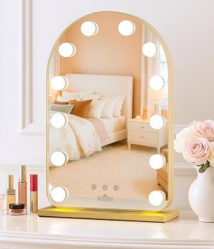LUXFURNI Vanity Mirror with Lights, 20.5″ L x 13″ W Arched LED Makeup Mirror, Lighted Makeup Mirror with Lights, Smart Touch Control Dimmable 3 Modes Light, Gold