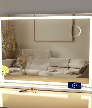 Makeup Vanity Mirror with Lights 32″ x 24″ Large LED Makeup Mirror, Light up Mirror with 10X Magnification and USB Charging Port, Dimmable 3 Modes, Touch Screen Control Square Corner