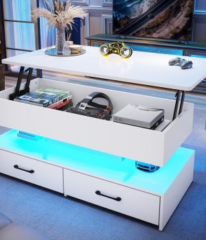 SEDETA 40″ Lift Top Coffee Table, Coffee Tables with Storage for Living Room, Small Coffee Table with 2 Drawers & LED Light for Dining Reception Room, White